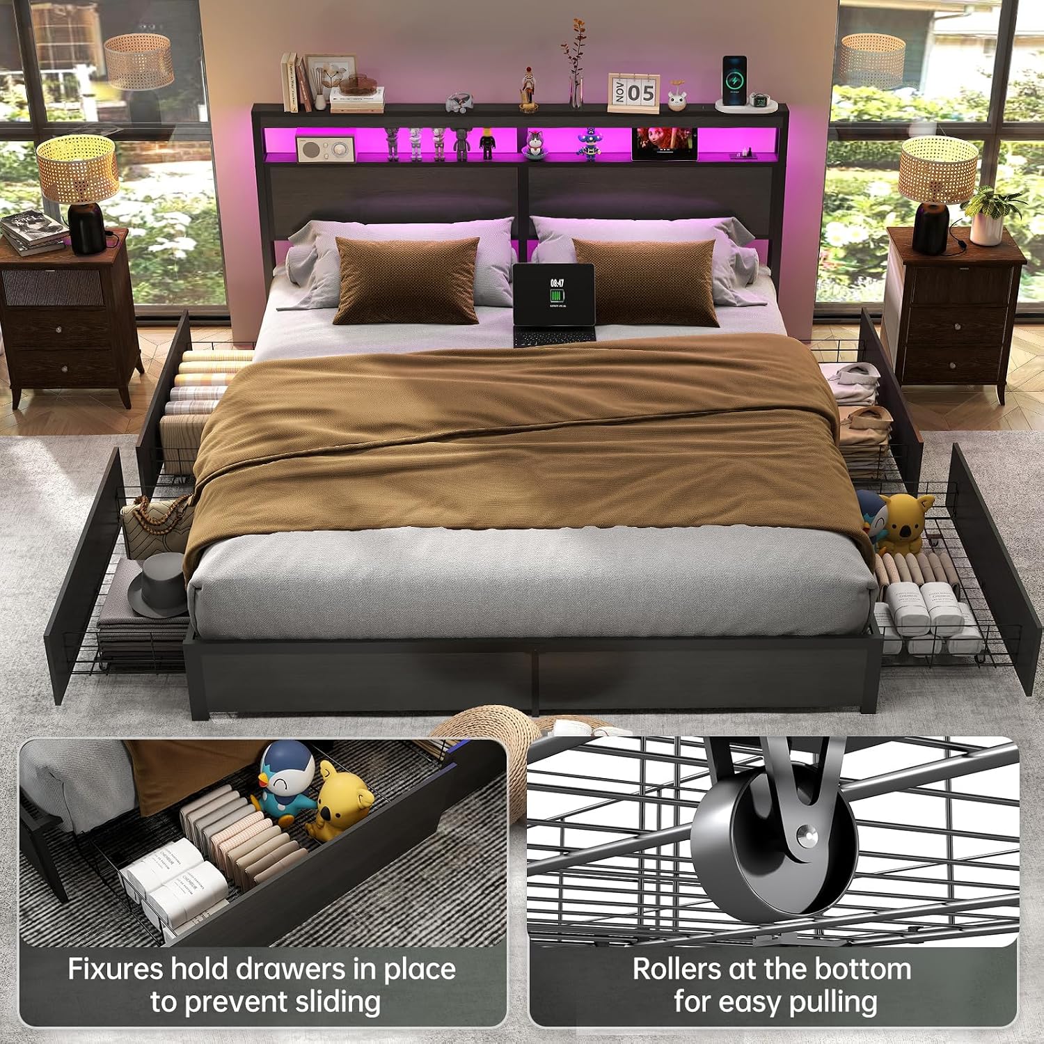 King Size Bed Frame with LED L - đánh giá và giá King Size Bed Frame With Storage Drawers