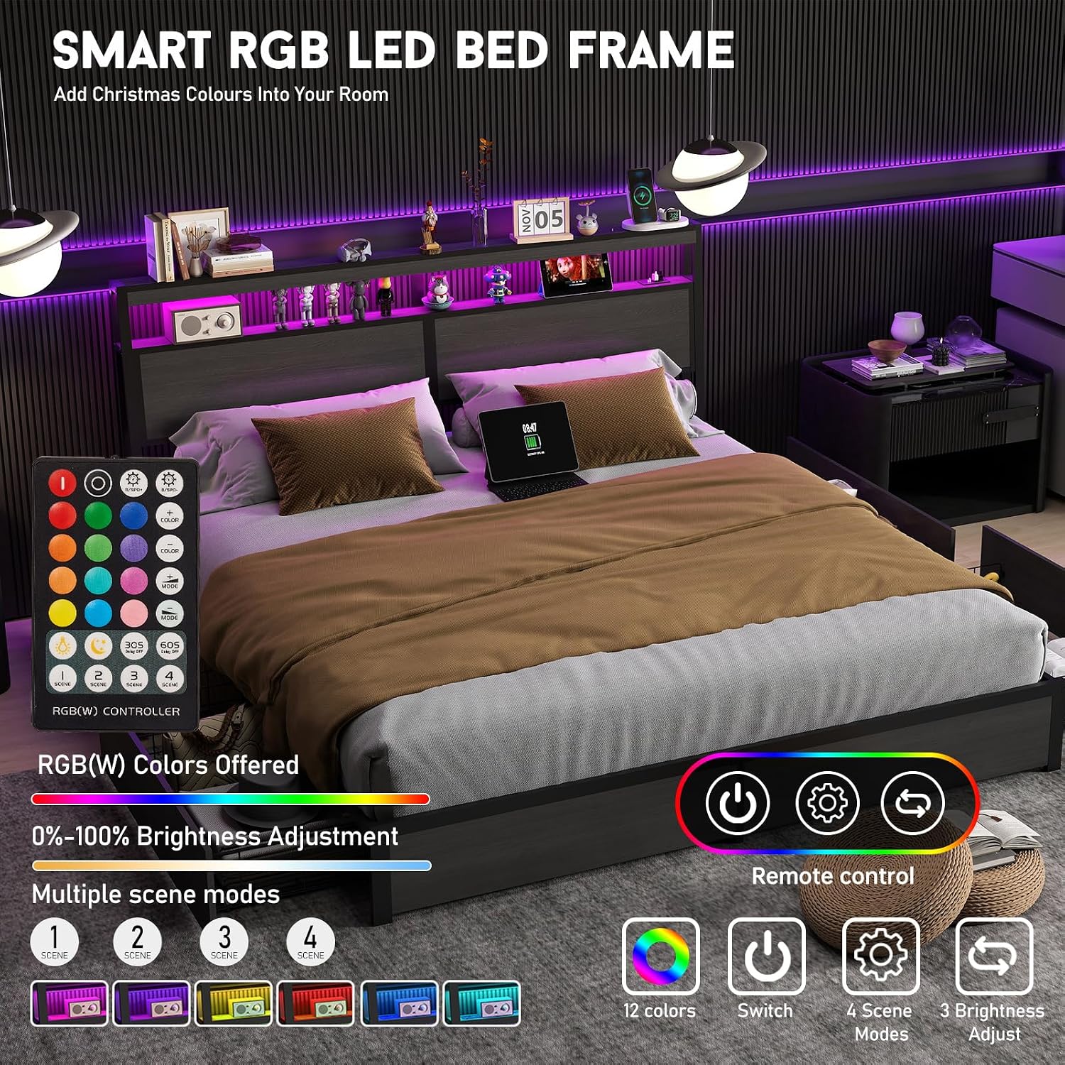 King Size Bed Frame with LED L - đánh giá và giá King Size Bed Frame With Storage Drawers
